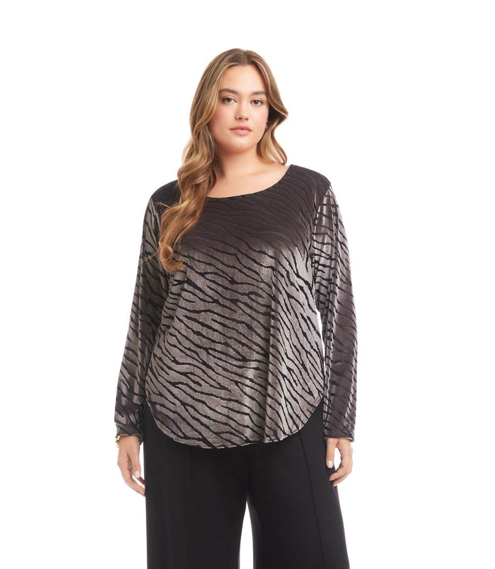 Plus Size Long Sleeve Velvet Burnout Shirttail Top - Image 2
