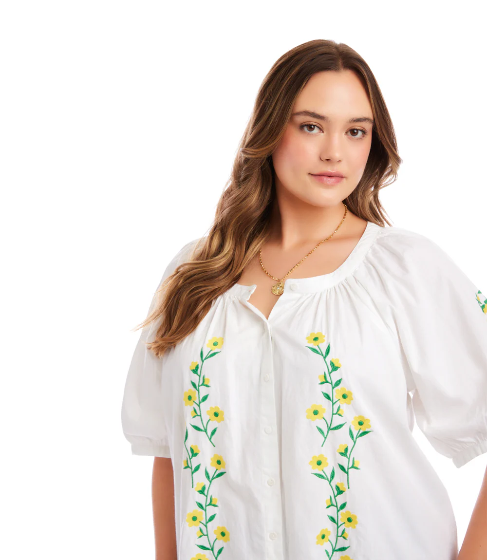 Plus Size Puff Sleeve Embroidered Peasant Top - Image 2