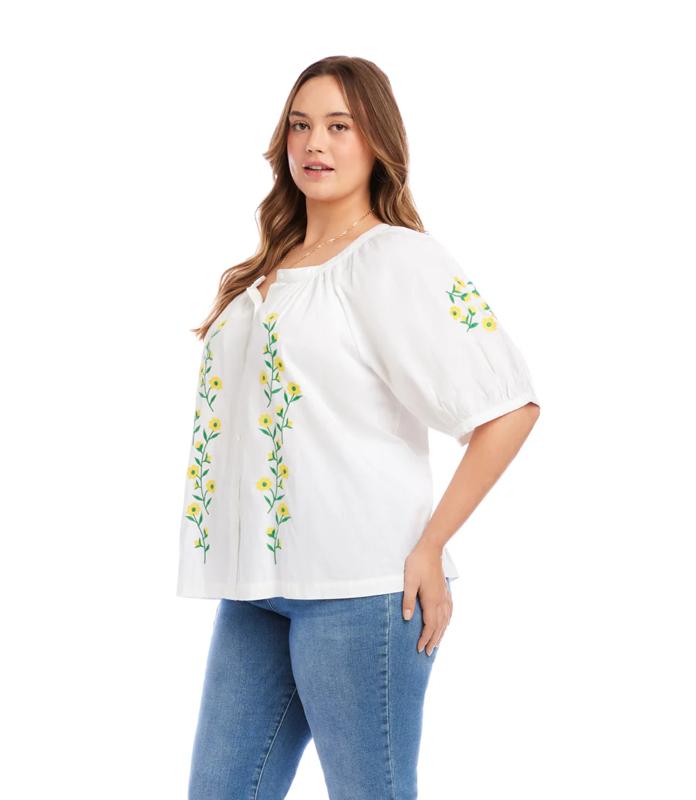 Plus Size Puff Sleeve Embroidered Peasant Top - Image 3