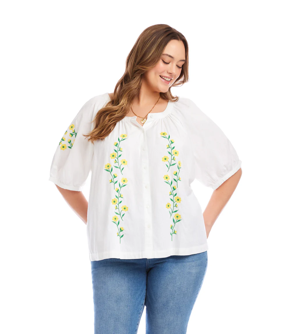 Plus Size Puff Sleeve Embroidered Peasant Top - Image 4