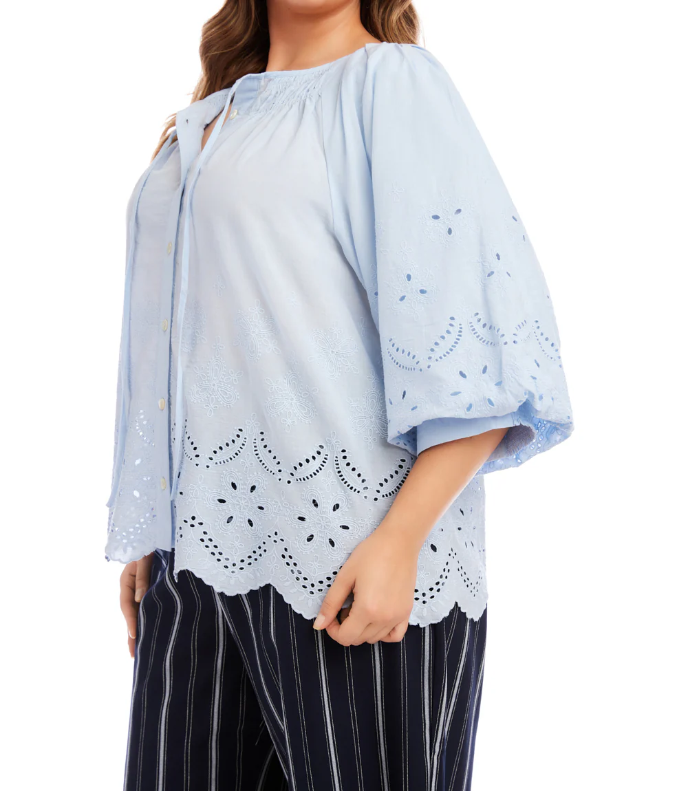 Plus Size Puff Sleeve Embroidered Top - Image 5