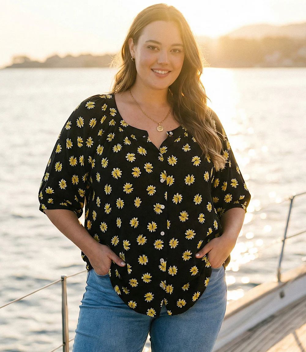 Plus Size Puff Sleeve Peasant Top - Image 2