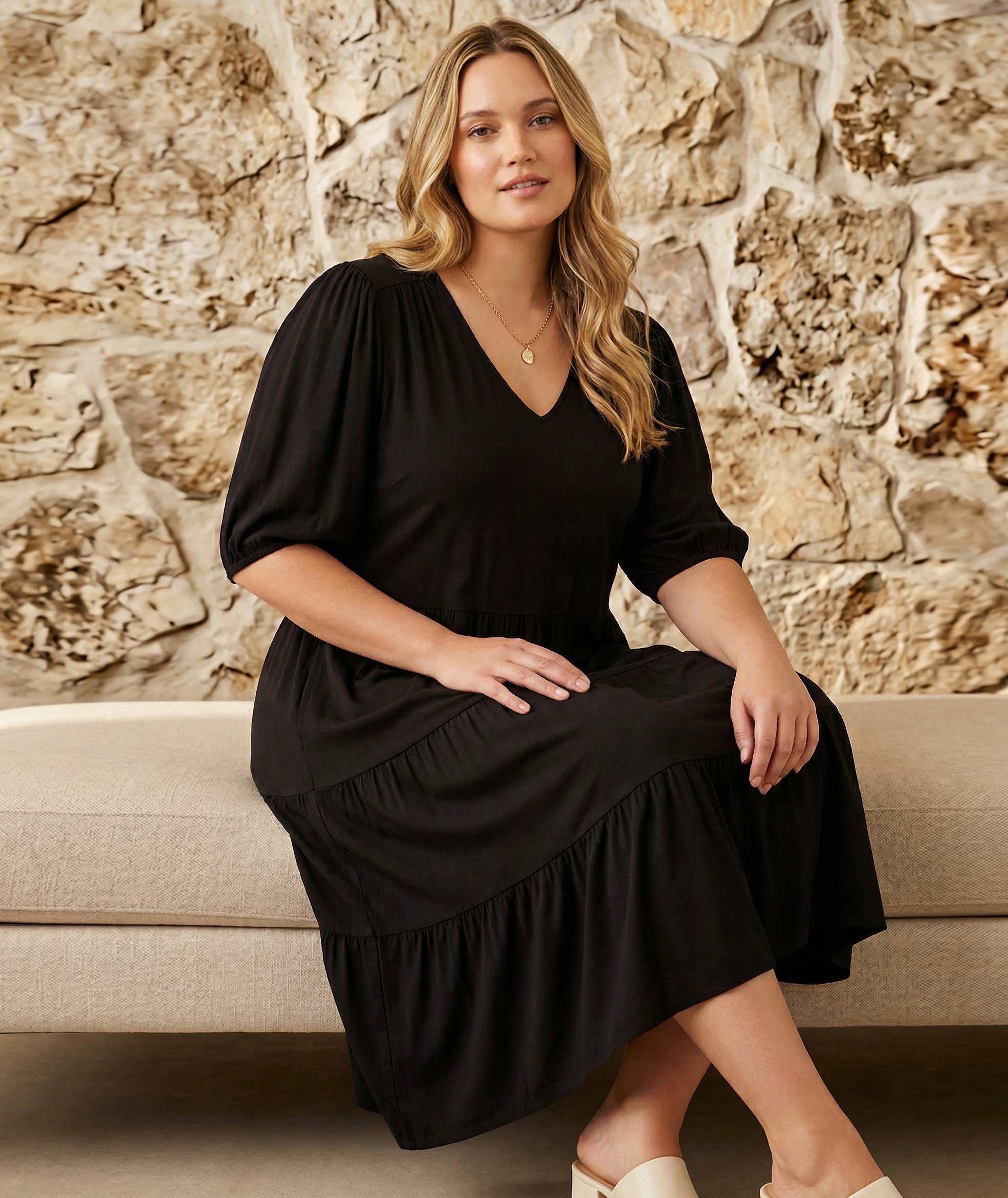 Plus Size Puff Sleeve Tiered Dress