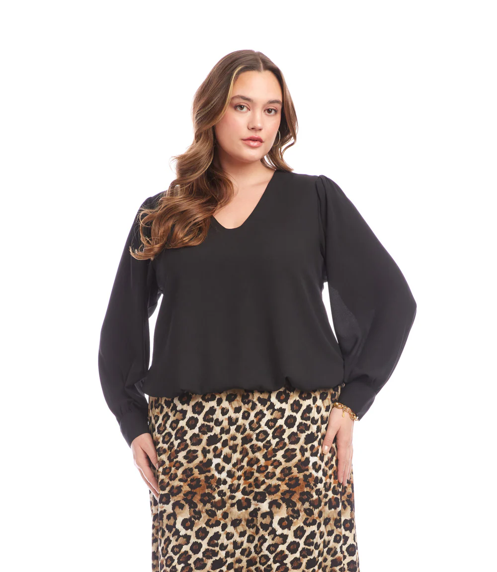 Plus Size Puff Sleeve V-Neck Top - Image 2
