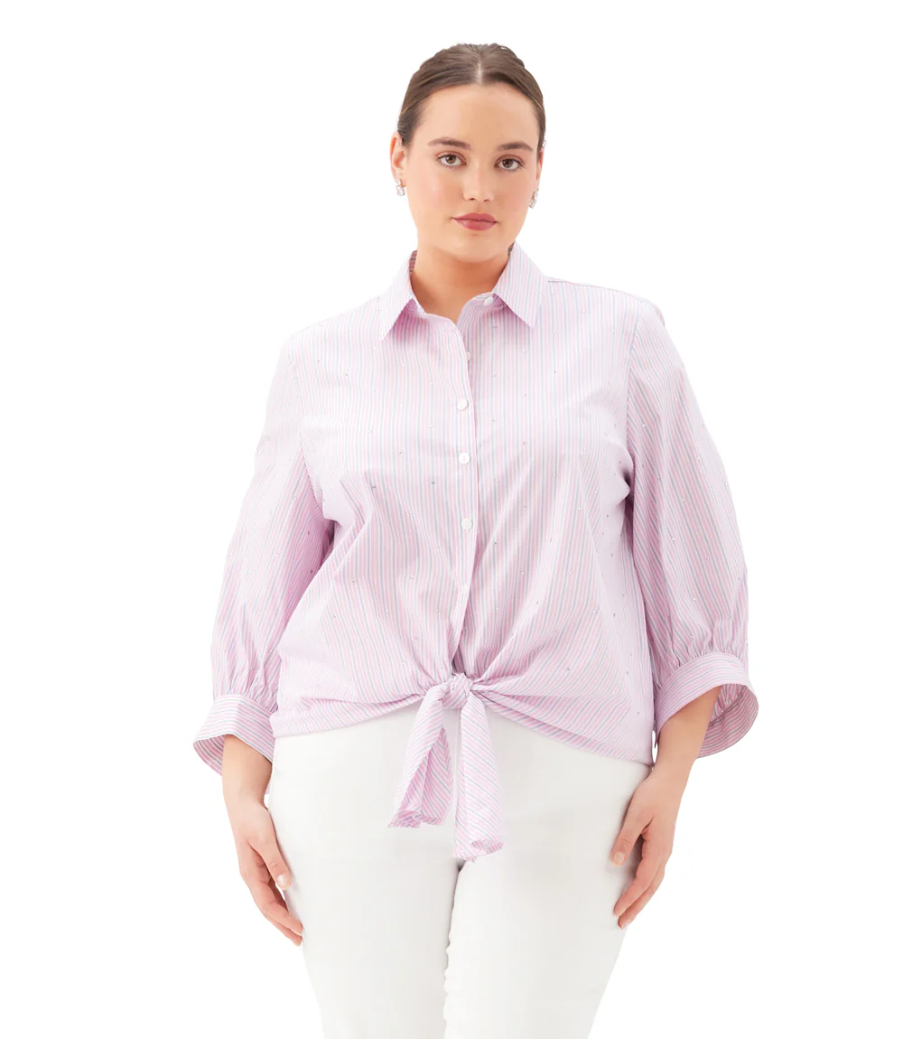 Plus Size Stripe Blouson Sleeve Embellished Tie-Front Top - Image 2