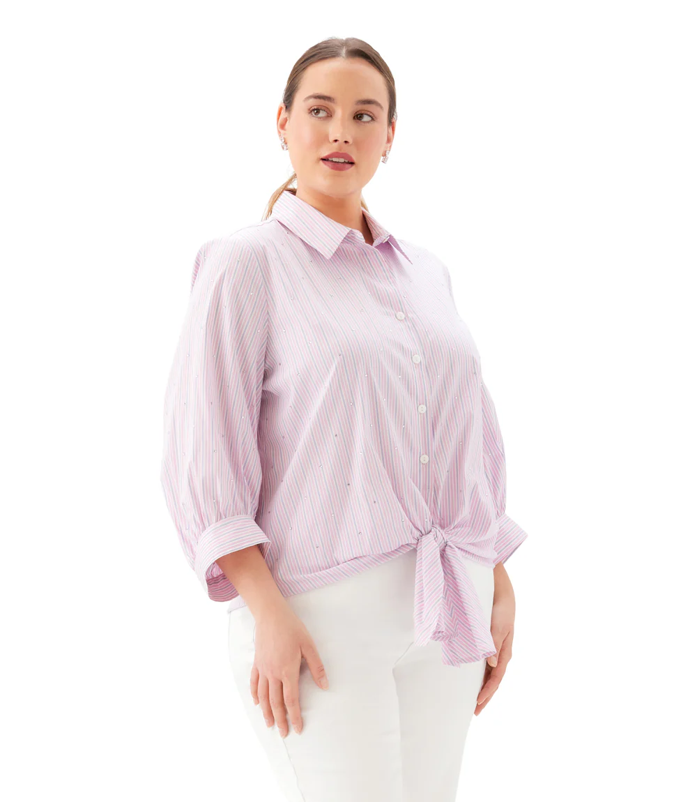 Plus Size Stripe Blouson Sleeve Embellished Tie-Front Top - Image 3