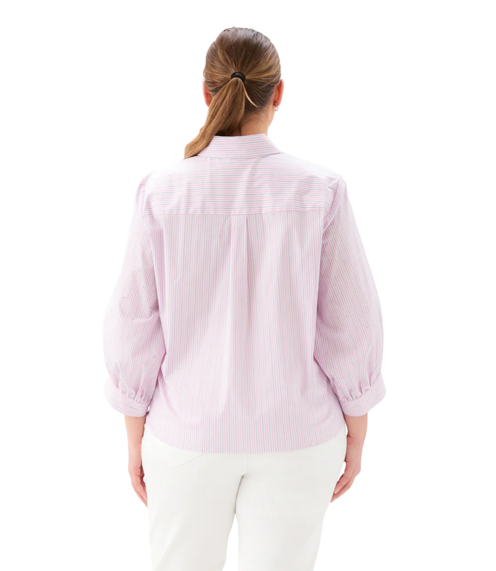 Plus Size Stripe Blouson Sleeve Embellished Tie-Front Top - Image 4
