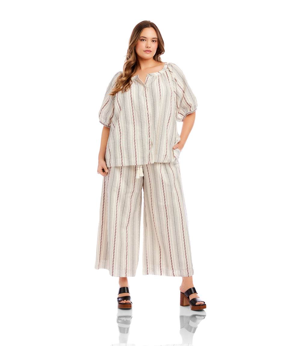 Plus Size Stripe Embroidered Cropped Drawstring Pants - Image 2