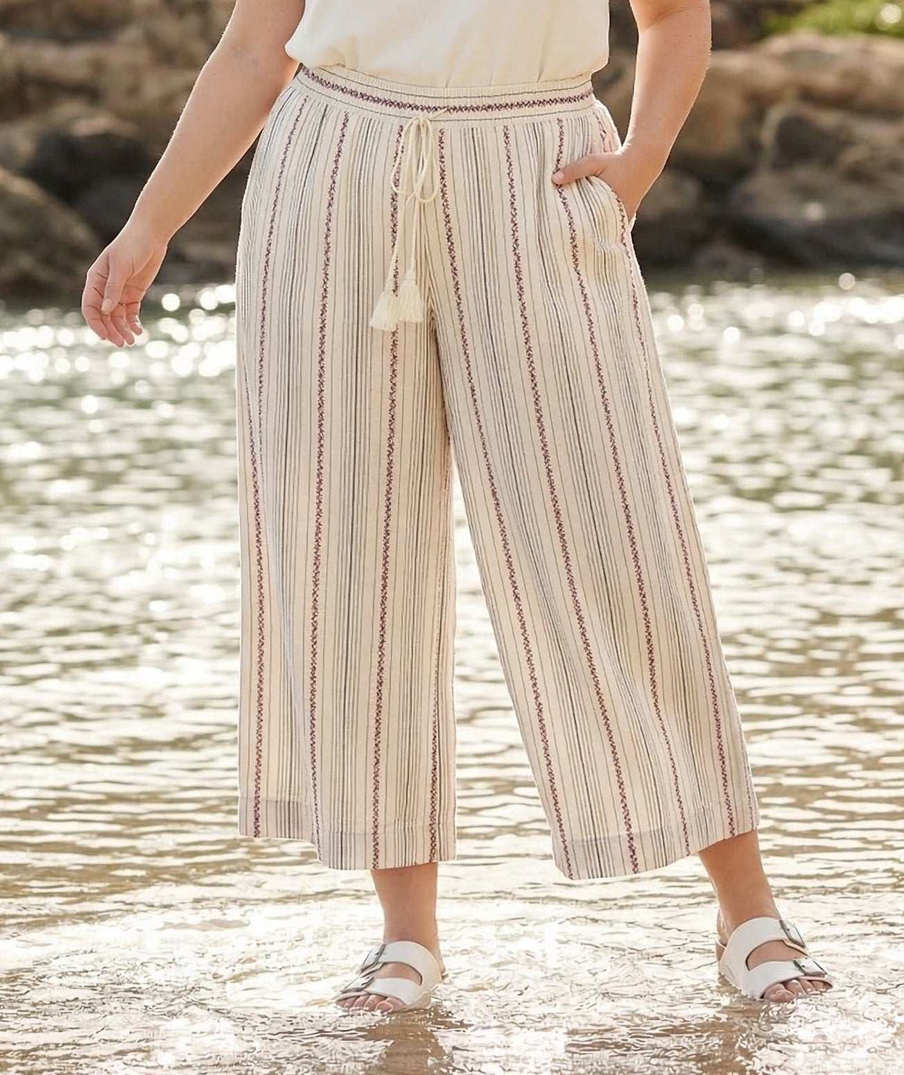 Plus Size Stripe Embroidered Cropped Drawstring Pants - Image 6