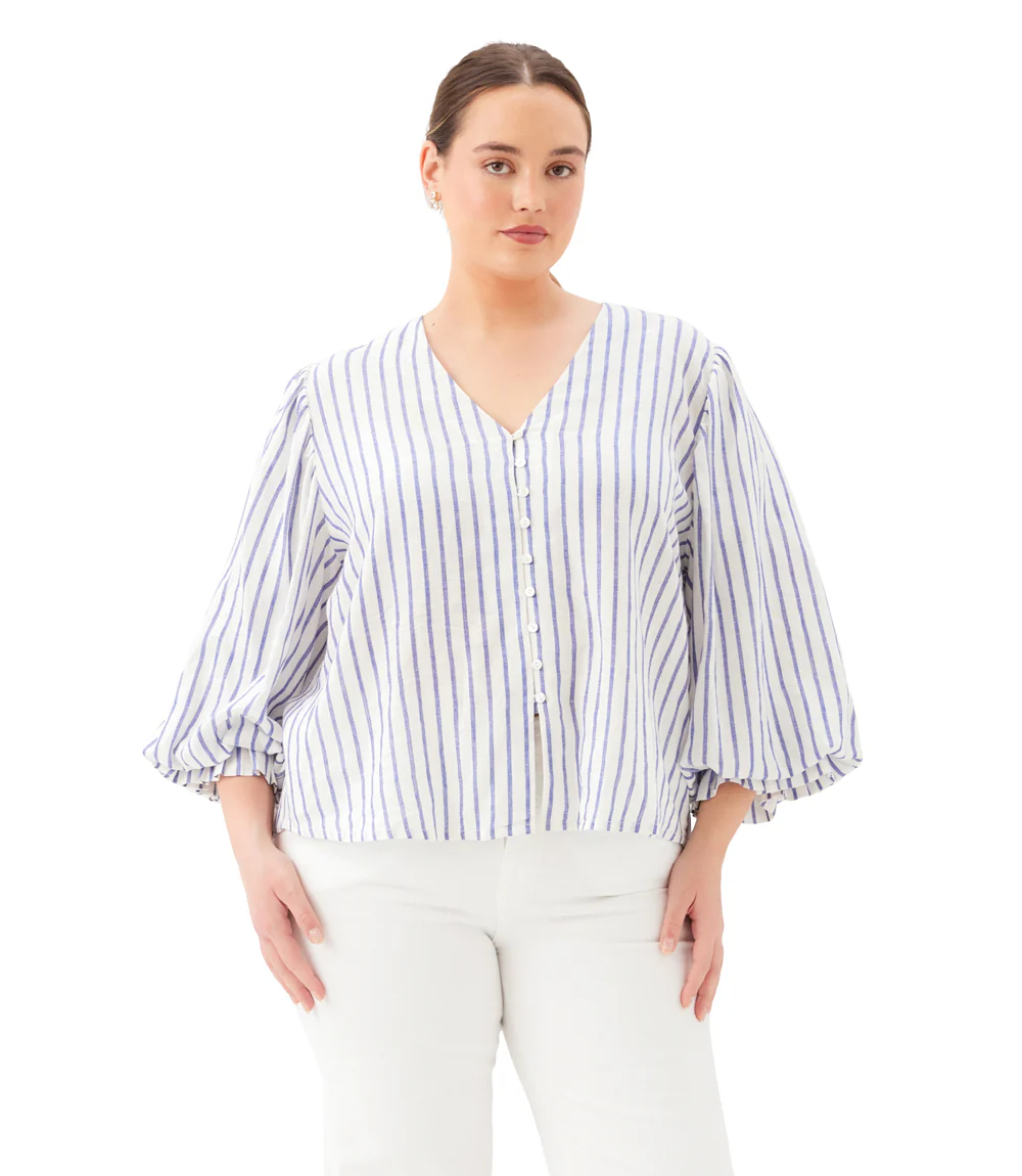 Plus Size Stripe Layered Sleeve Shirred Blouse - Image 2