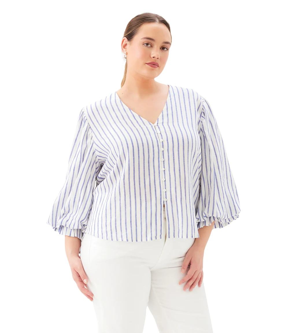 Plus Size Stripe Layered Sleeve Shirred Blouse - Image 3