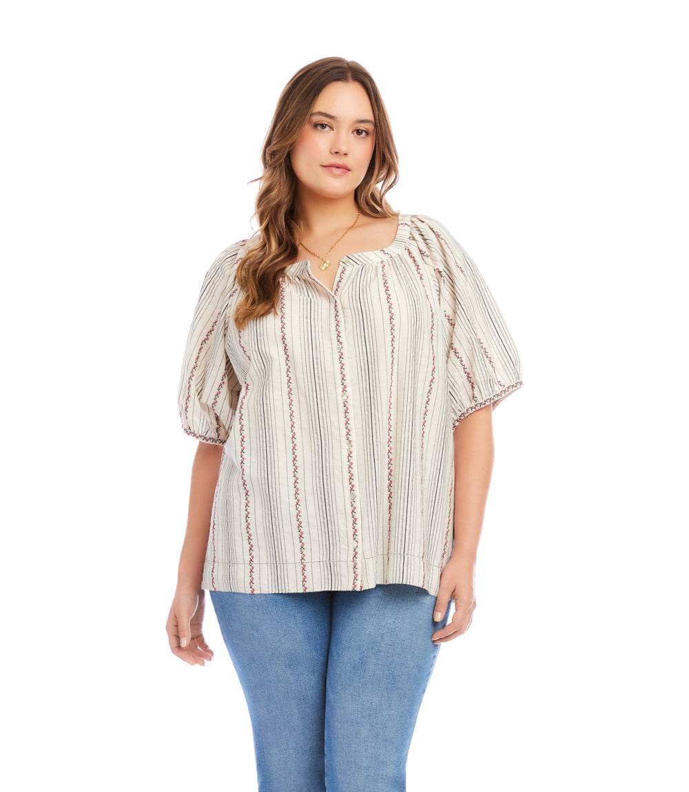 Plus Size Stripe Puff Sleeve Embroidered Peasant Top - Image 2
