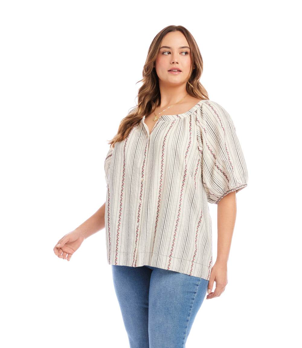 Plus Size Stripe Puff Sleeve Embroidered Peasant Top - Image 3
