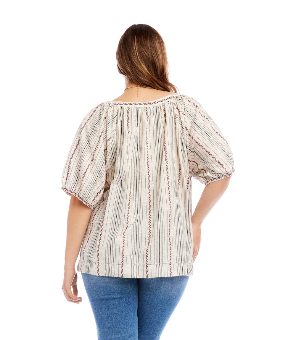 Plus Size Stripe Puff Sleeve Embroidered Peasant Top - Image 4