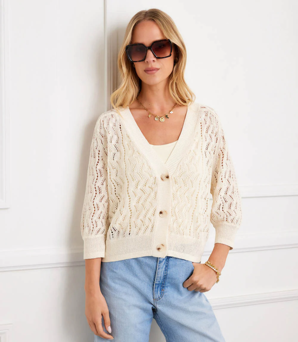 Puff Sleeve Crochet Cardigan Sweater - Image 3