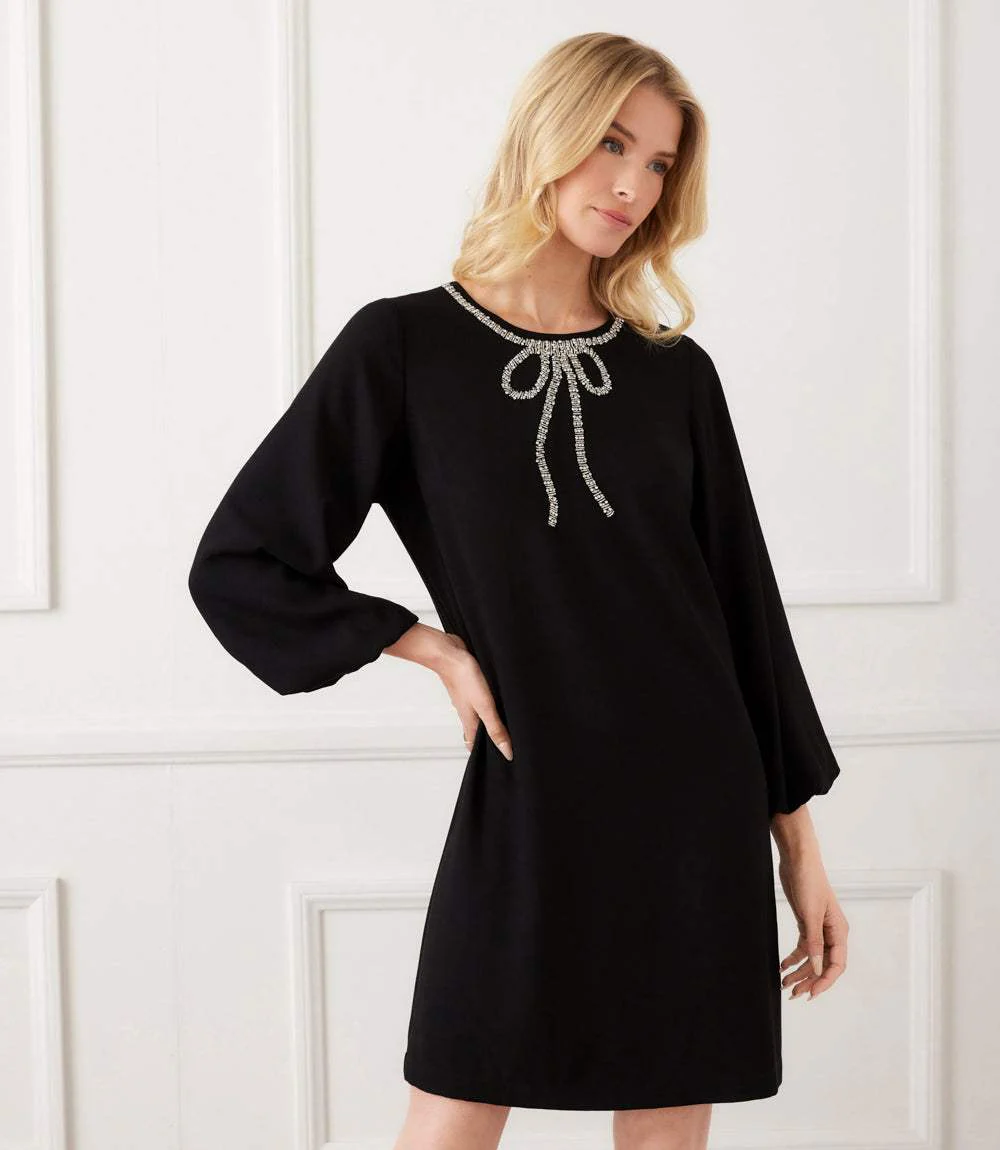 Puff Sleeve Embellished Bow Shift Dress - Image 2