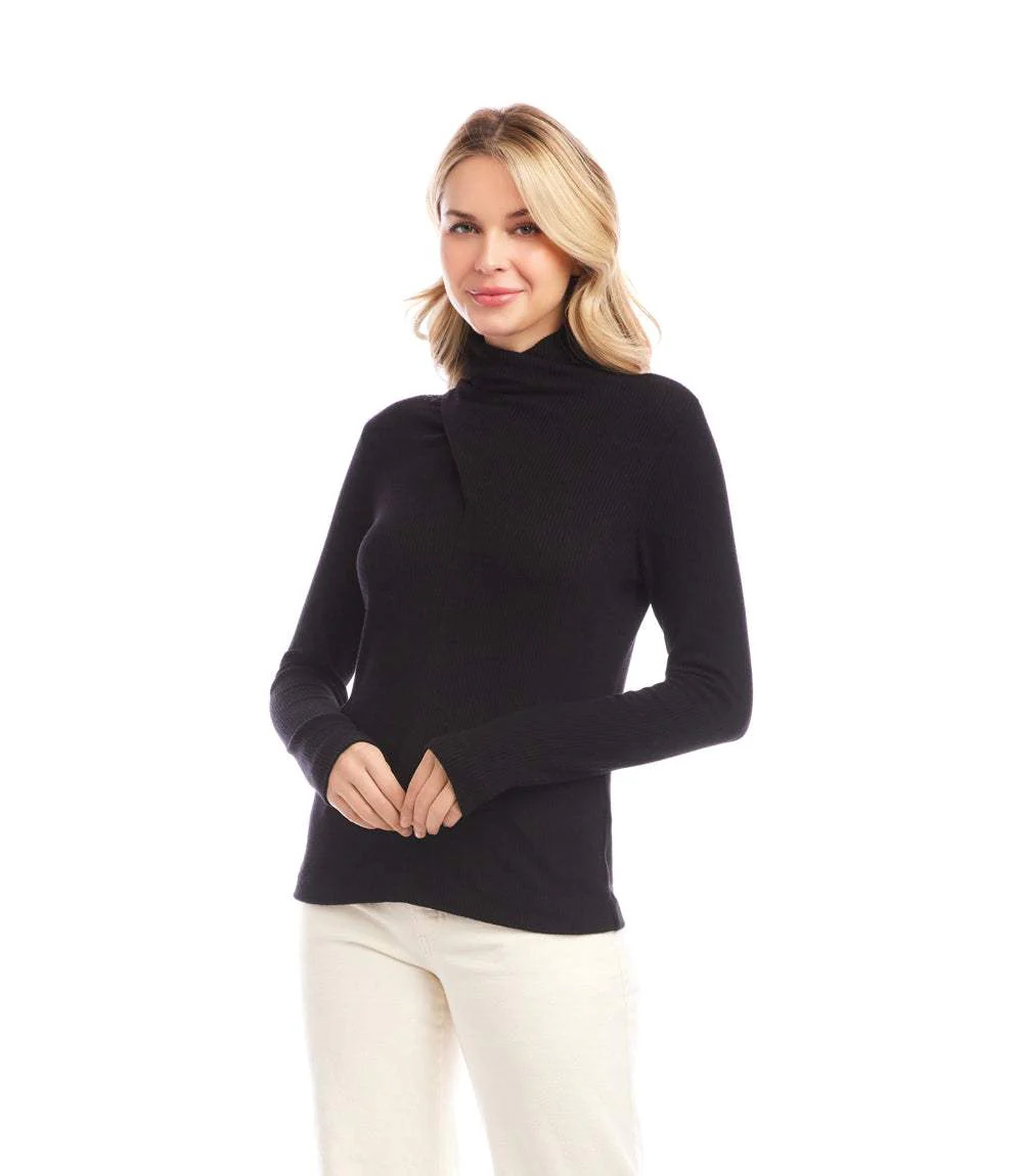 Ribbed Faux Wrap Turtleneck Top - Image 2