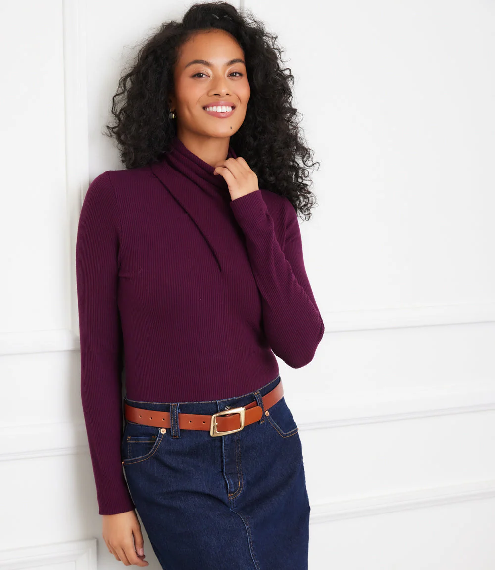 Ribbed Faux Wrap Turtleneck Top