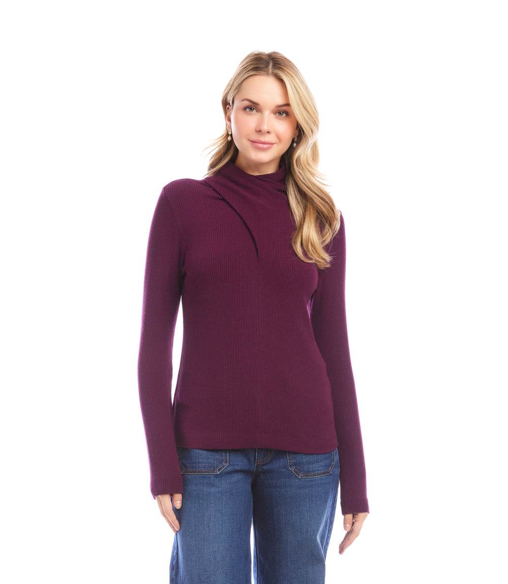 Ribbed Faux Wrap Turtleneck Top - Image 2