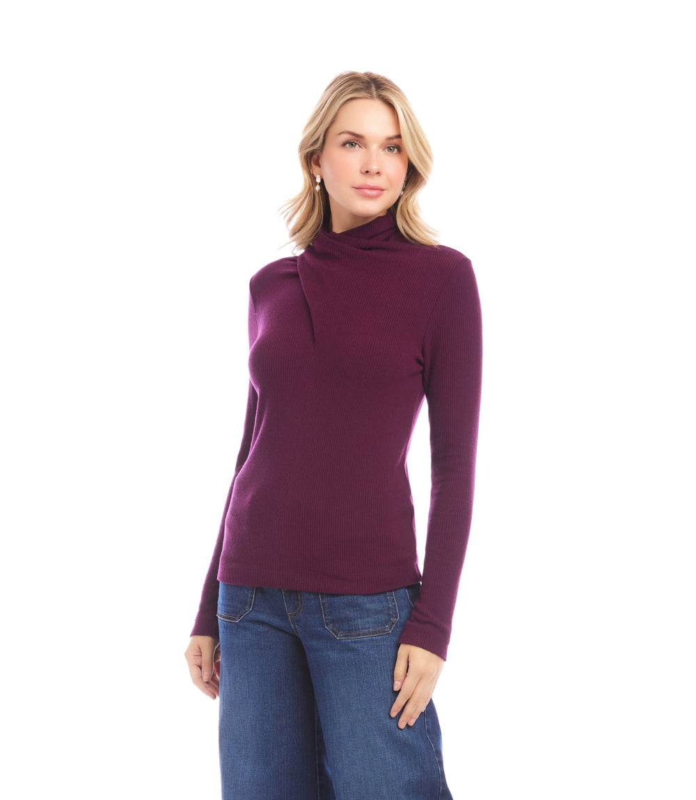 Ribbed Faux Wrap Turtleneck Top - Image 3