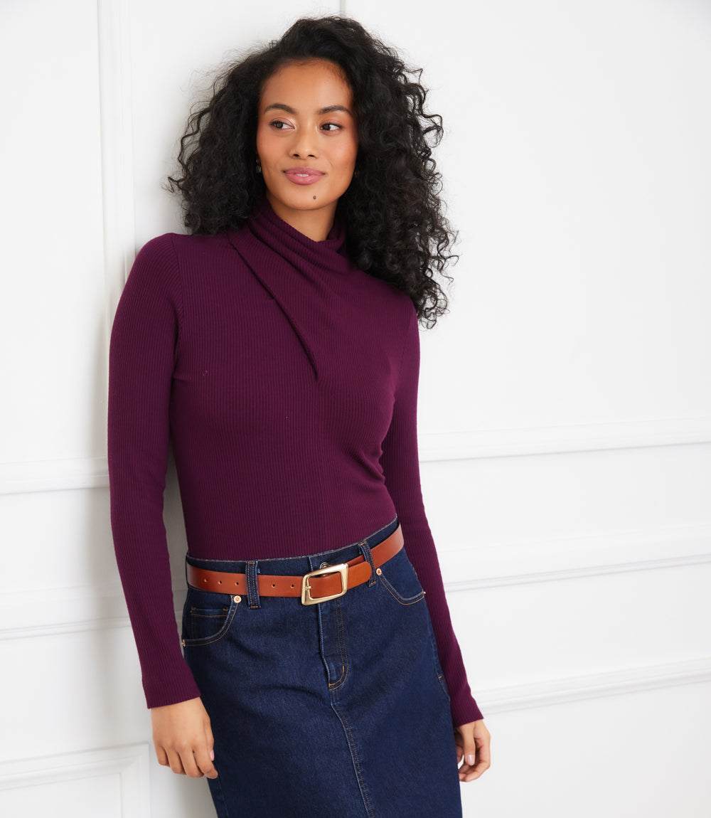Ribbed Faux Wrap Turtleneck Top - Image 5