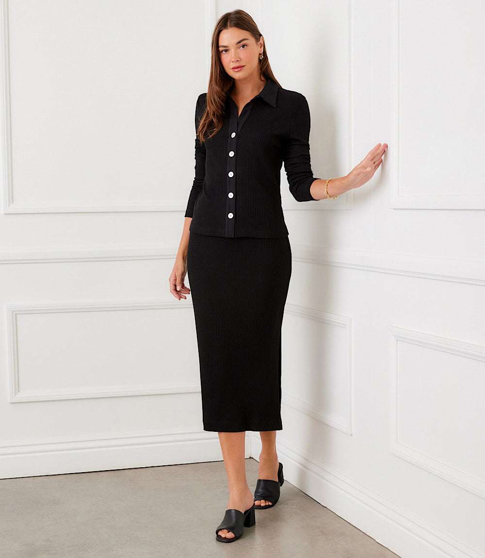 Ribbed Long Sleeve Button Front Top - Image 8
