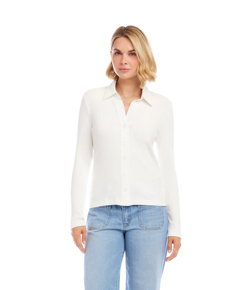 Ribbed Long Sleeve Button Front Top - Image 3