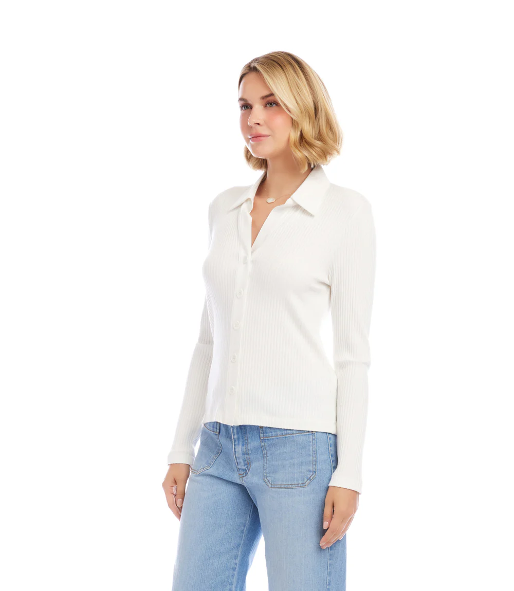 Ribbed Long Sleeve Button Front Top - Image 4