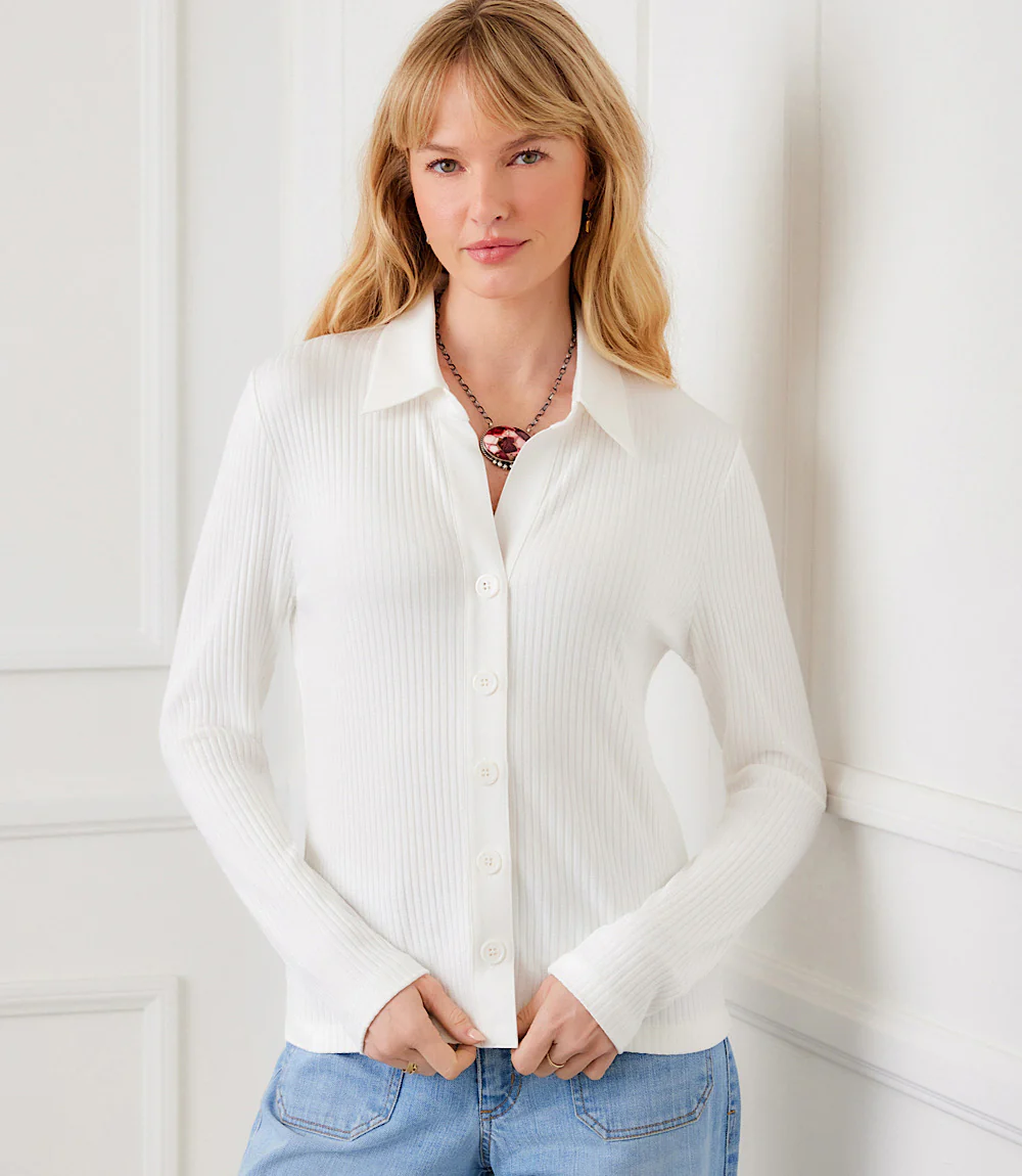Ribbed Long Sleeve Button Front Top - Image 6