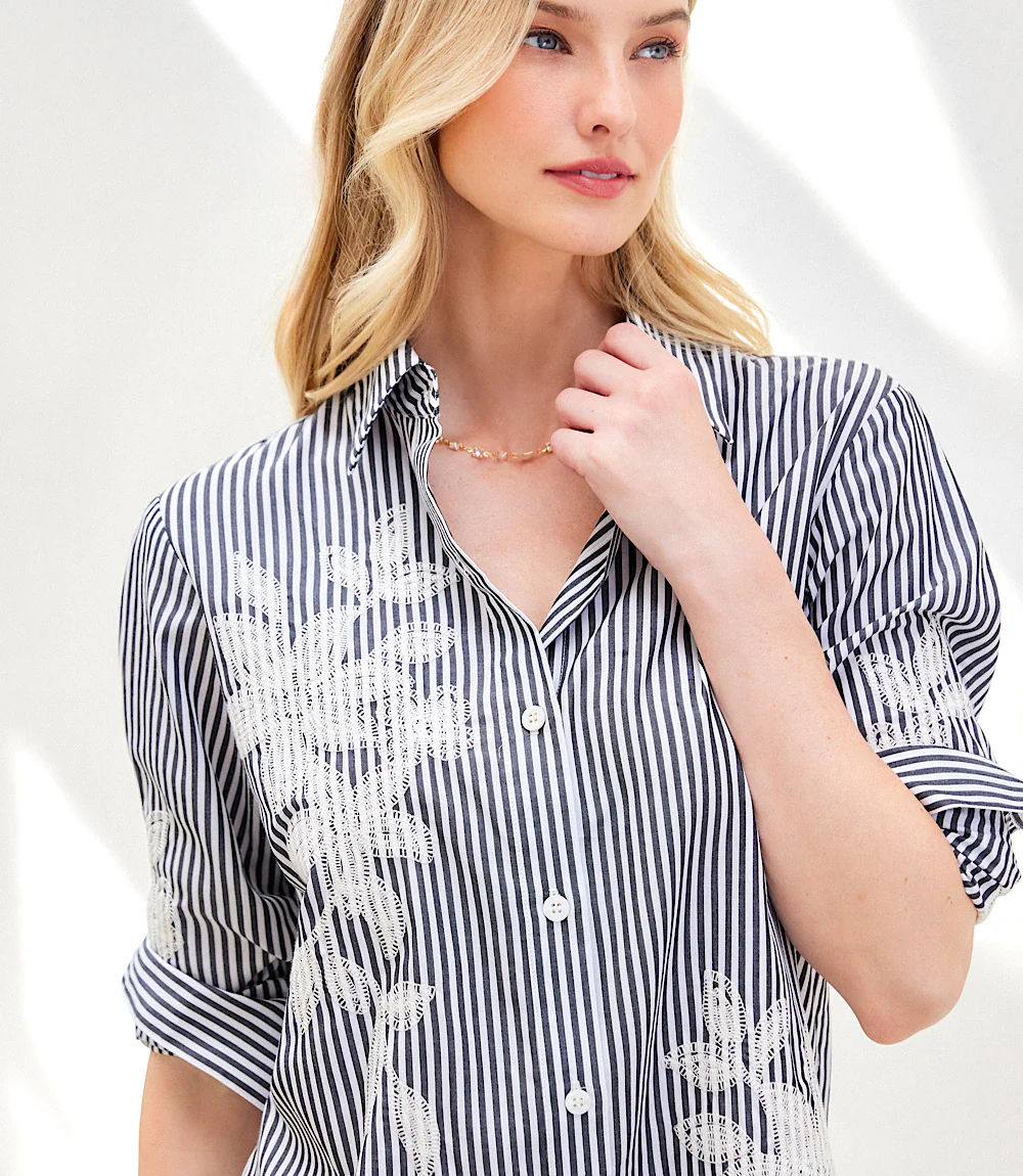 Roll-Tab Stripe Embroidered Shirtdress - Image 2