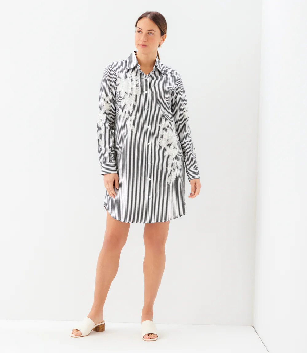 Roll-Tab Stripe Embroidered Shirtdress - Image 4