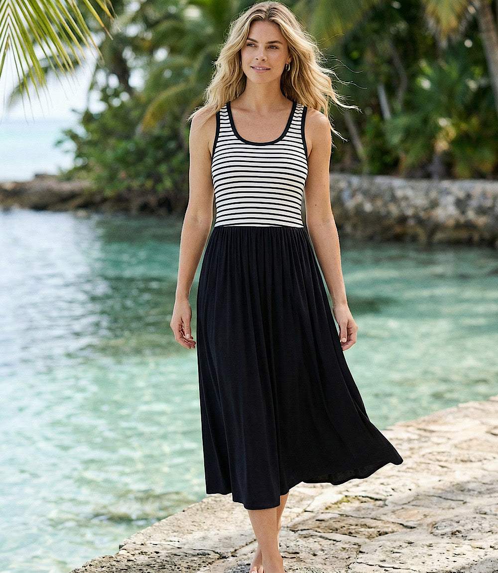 Sleeveless Stripe Bodice Mixed-Media Midi Dress - Image 2