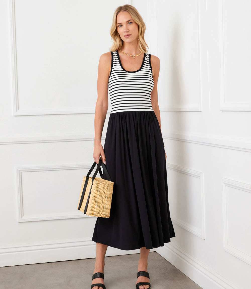 Sleeveless Stripe Bodice Mixed-Media Midi Dress - Image 3