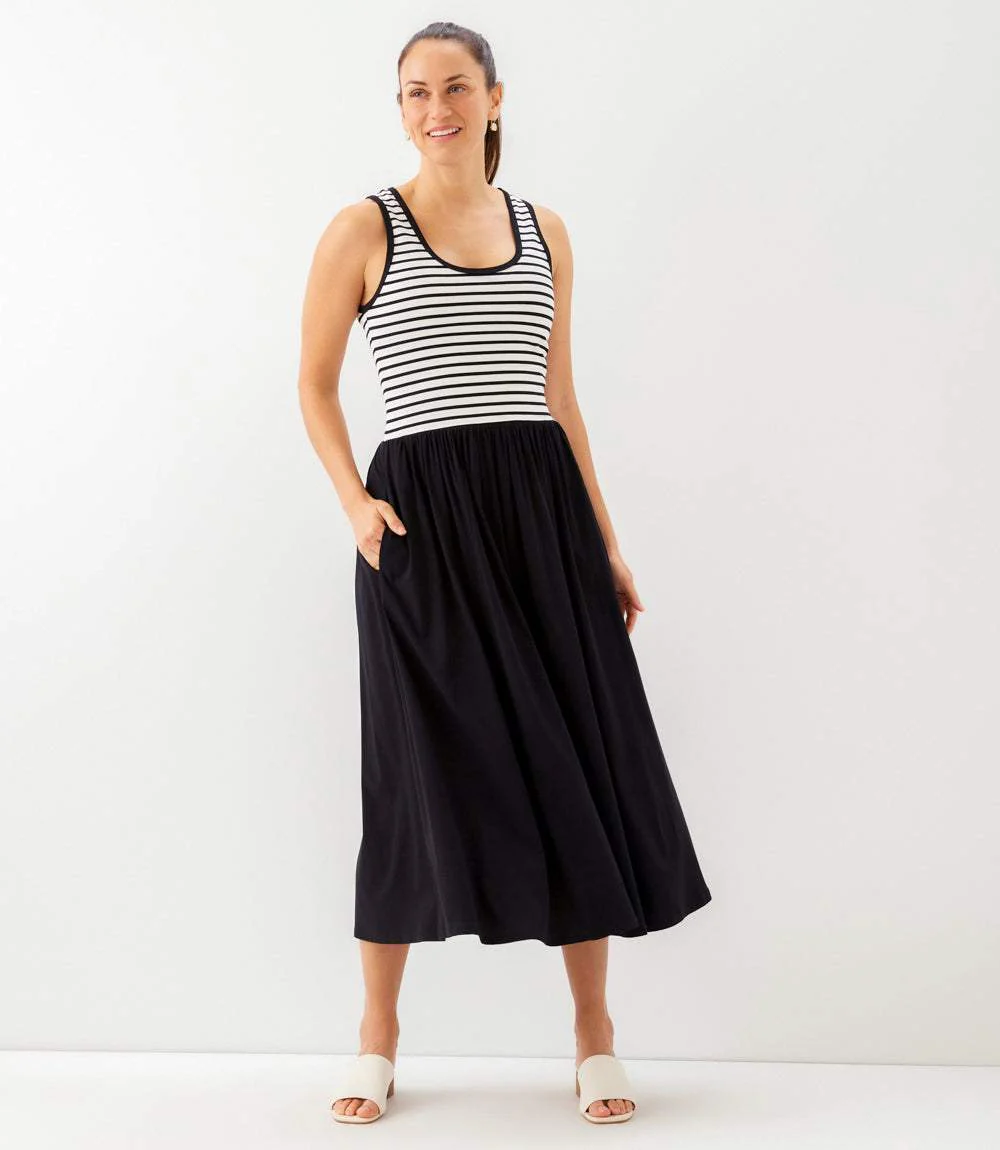 Sleeveless Stripe Bodice Mixed-Media Midi Dress - Image 4