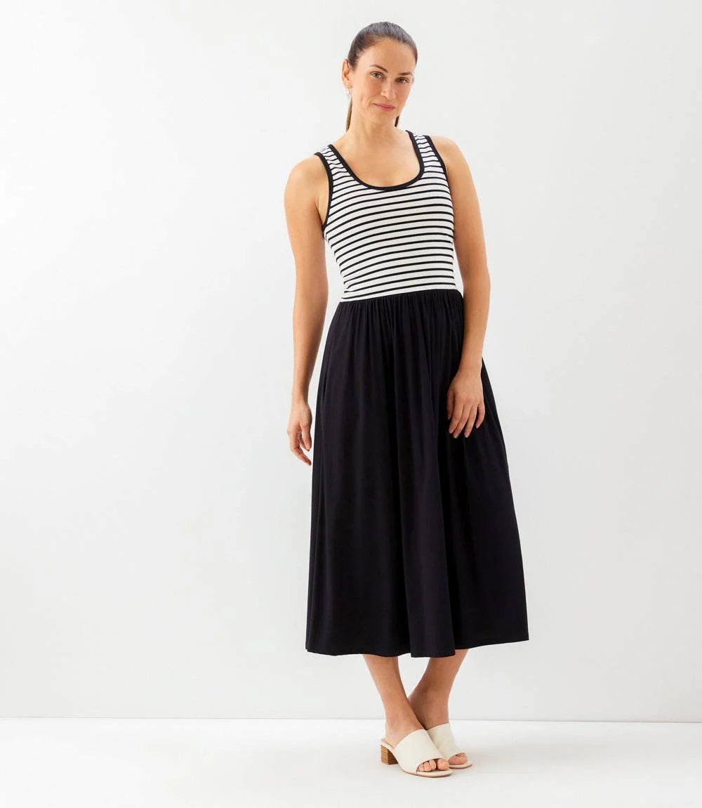 Sleeveless Stripe Bodice Mixed-Media Midi Dress - Image 5