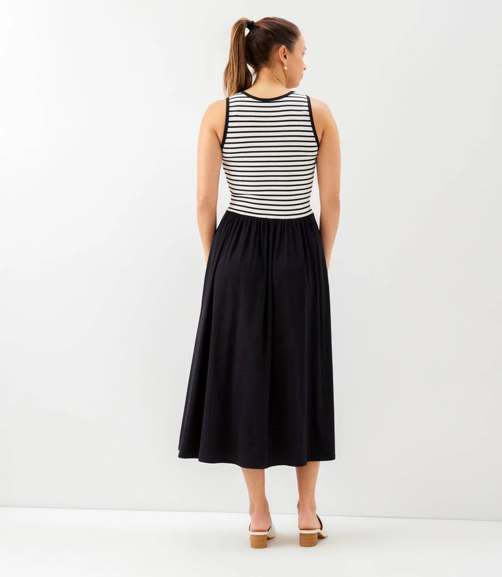 Sleeveless Stripe Bodice Mixed-Media Midi Dress - Image 6