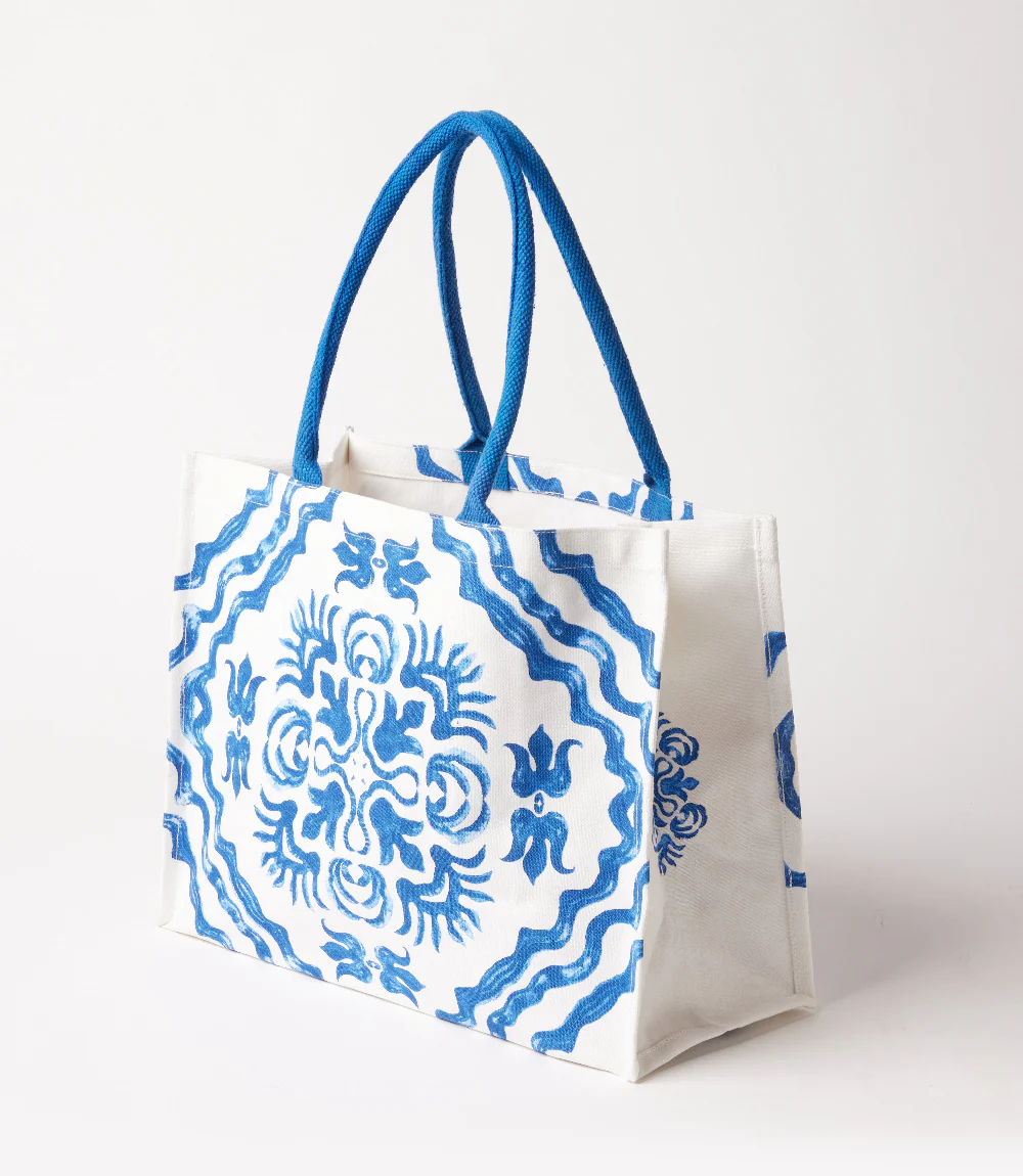 Square Blue Tile Block Print Tote Bag - Image 4