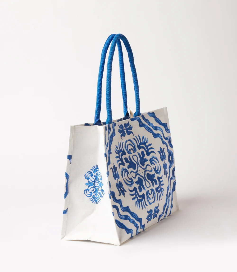 Square Blue Tile Block Print Tote Bag - Image 5