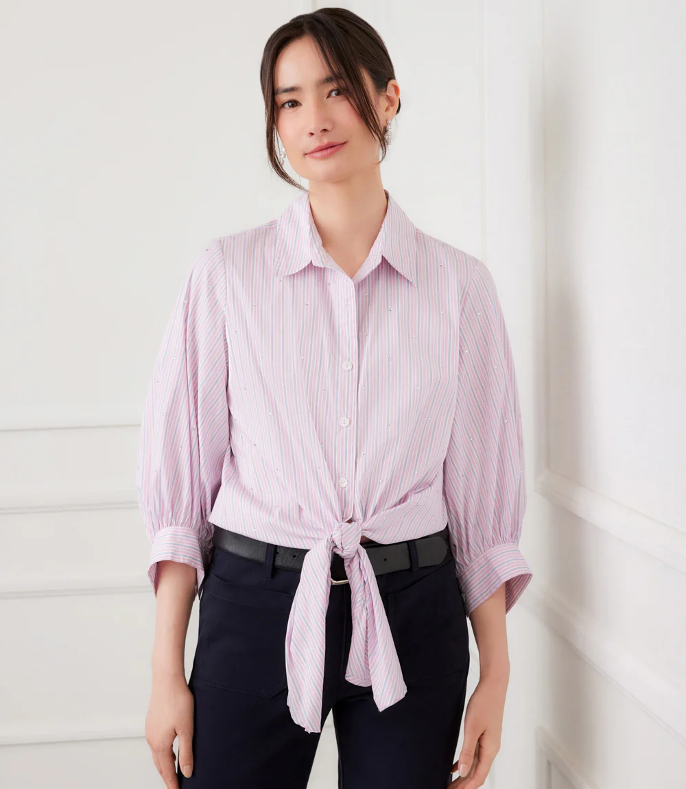 Stripe Blouson Sleeve Embellished Tie-Front Top - Image 11