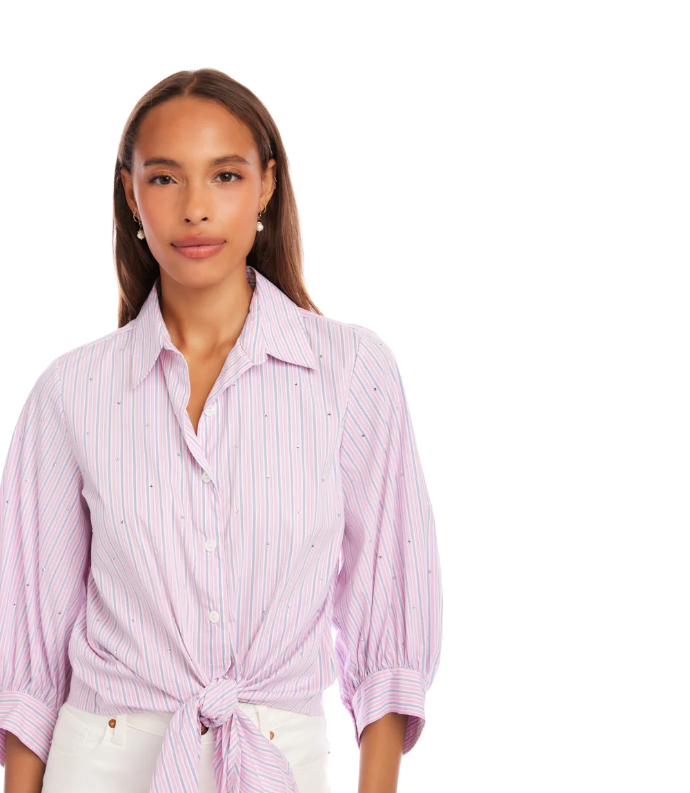 Stripe Blouson Sleeve Embellished Tie-Front Top - Image 5