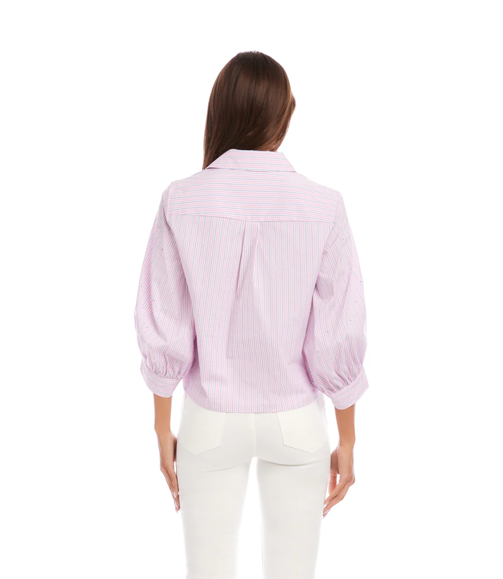 Stripe Blouson Sleeve Embellished Tie-Front Top - Image 6