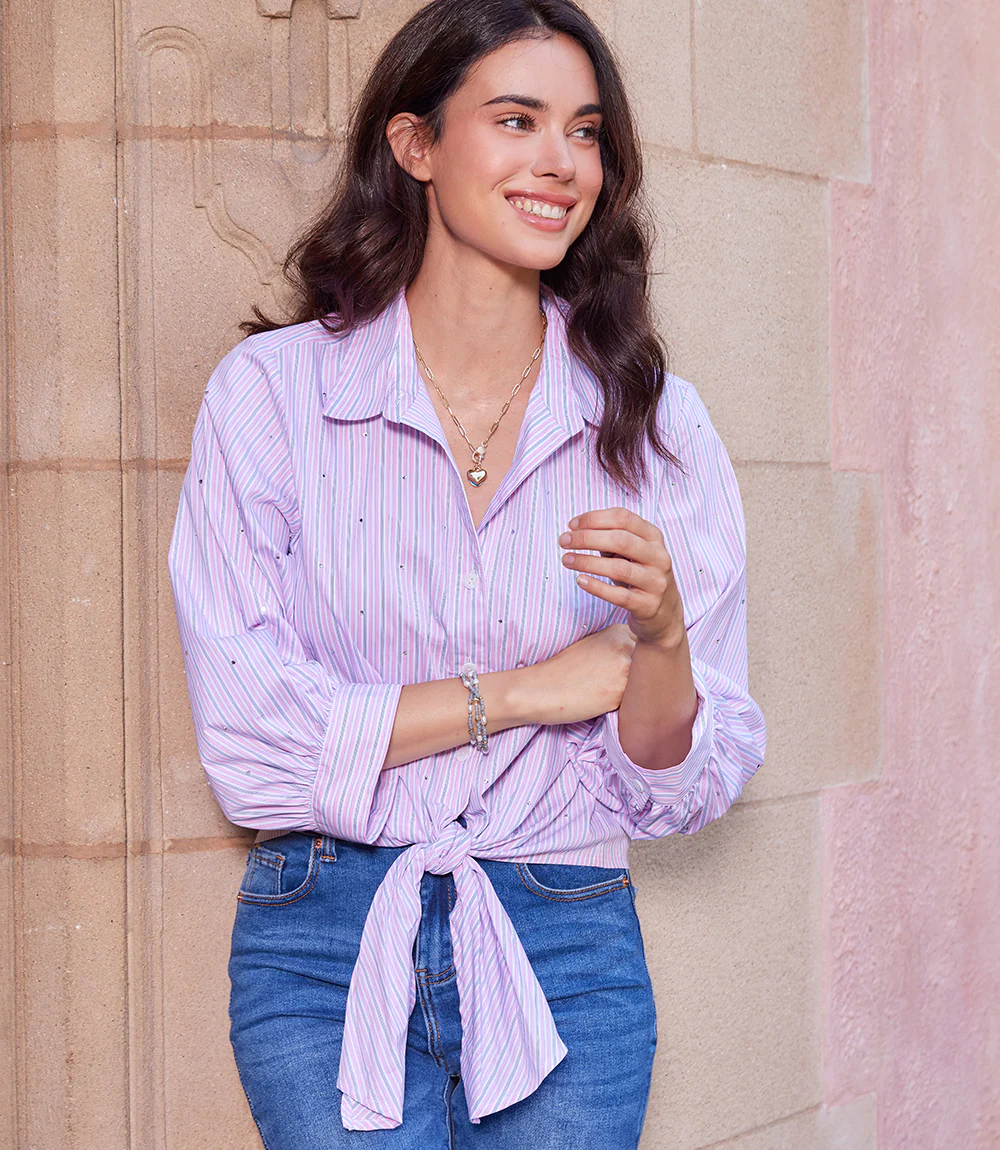 Stripe Blouson Sleeve Embellished Tie-Front Top - Image 8
