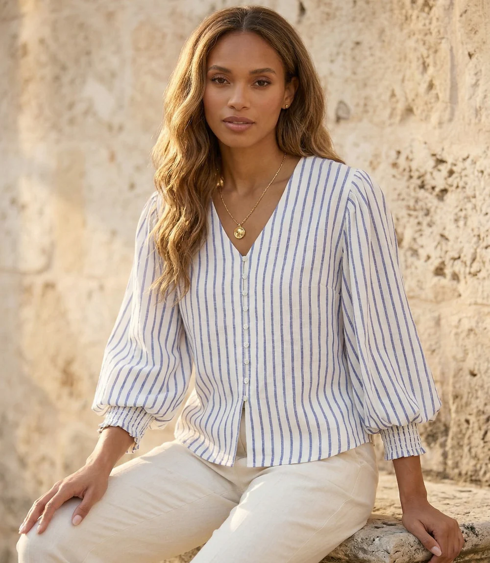 Stripe Layered Sleeve Shirred Blouse