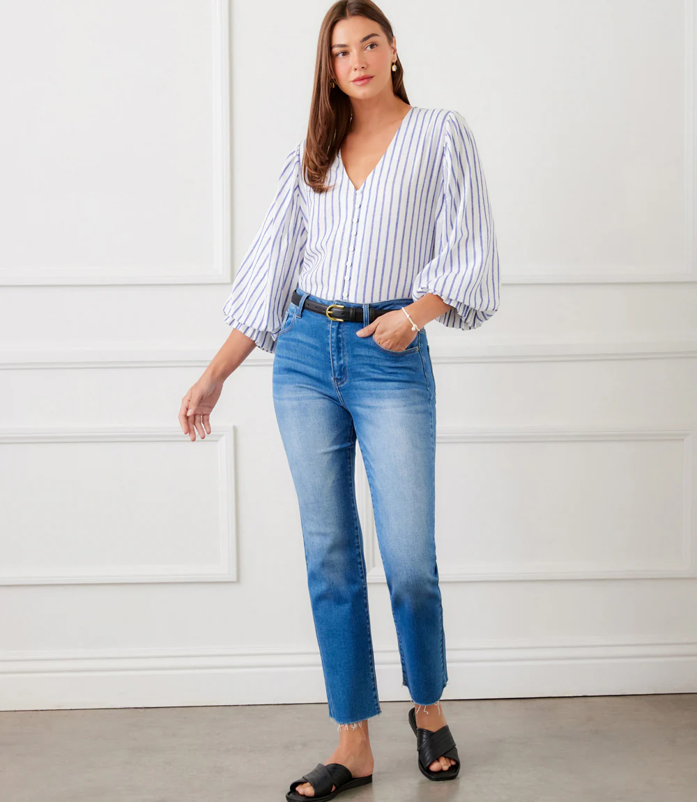 Stripe Layered Sleeve Shirred Blouse - Image 2