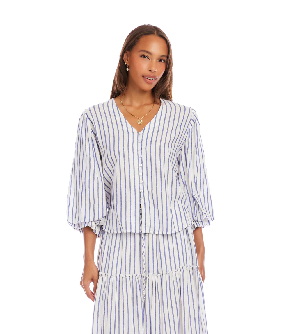 Stripe Layered Sleeve Shirred Blouse - Image 3