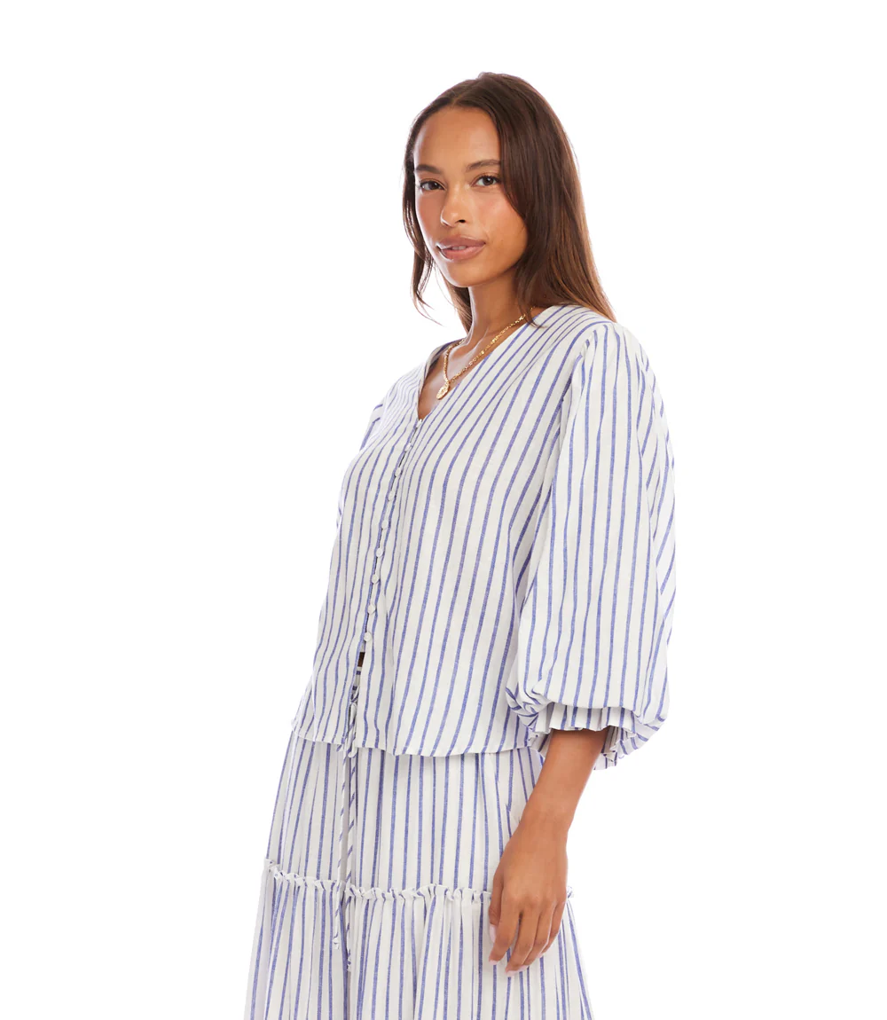 Stripe Layered Sleeve Shirred Blouse - Image 4