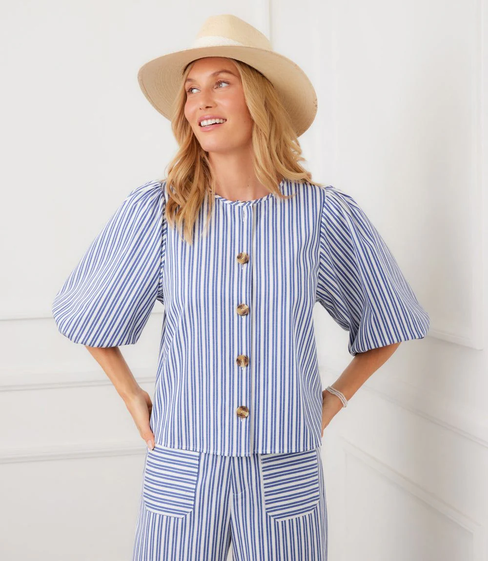 Stripe Puff Sleeve Button Front Top - Image 5