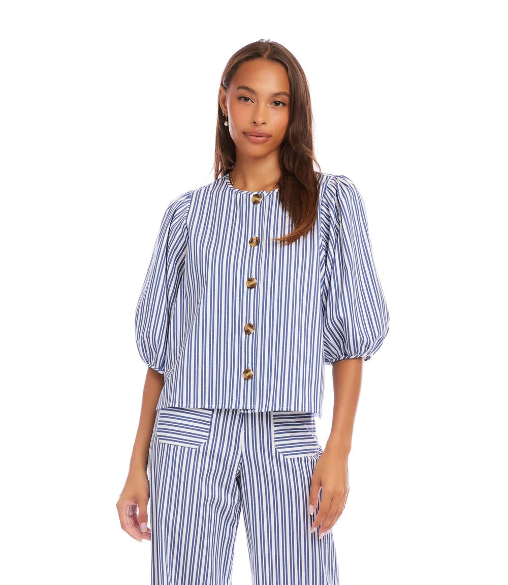 Stripe Puff Sleeve Button Front Top - Image 7