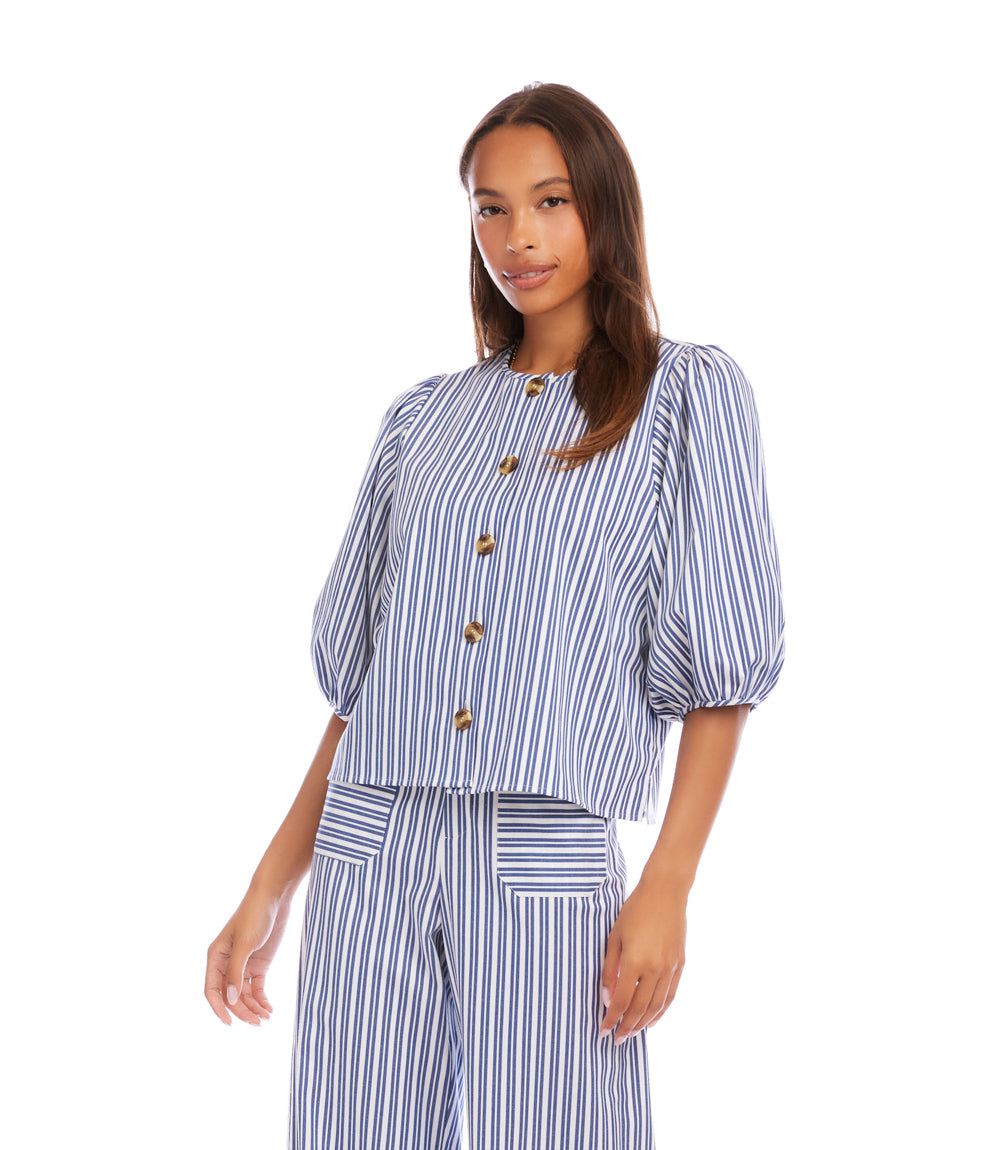 Stripe Puff Sleeve Button Front Top - Image 8