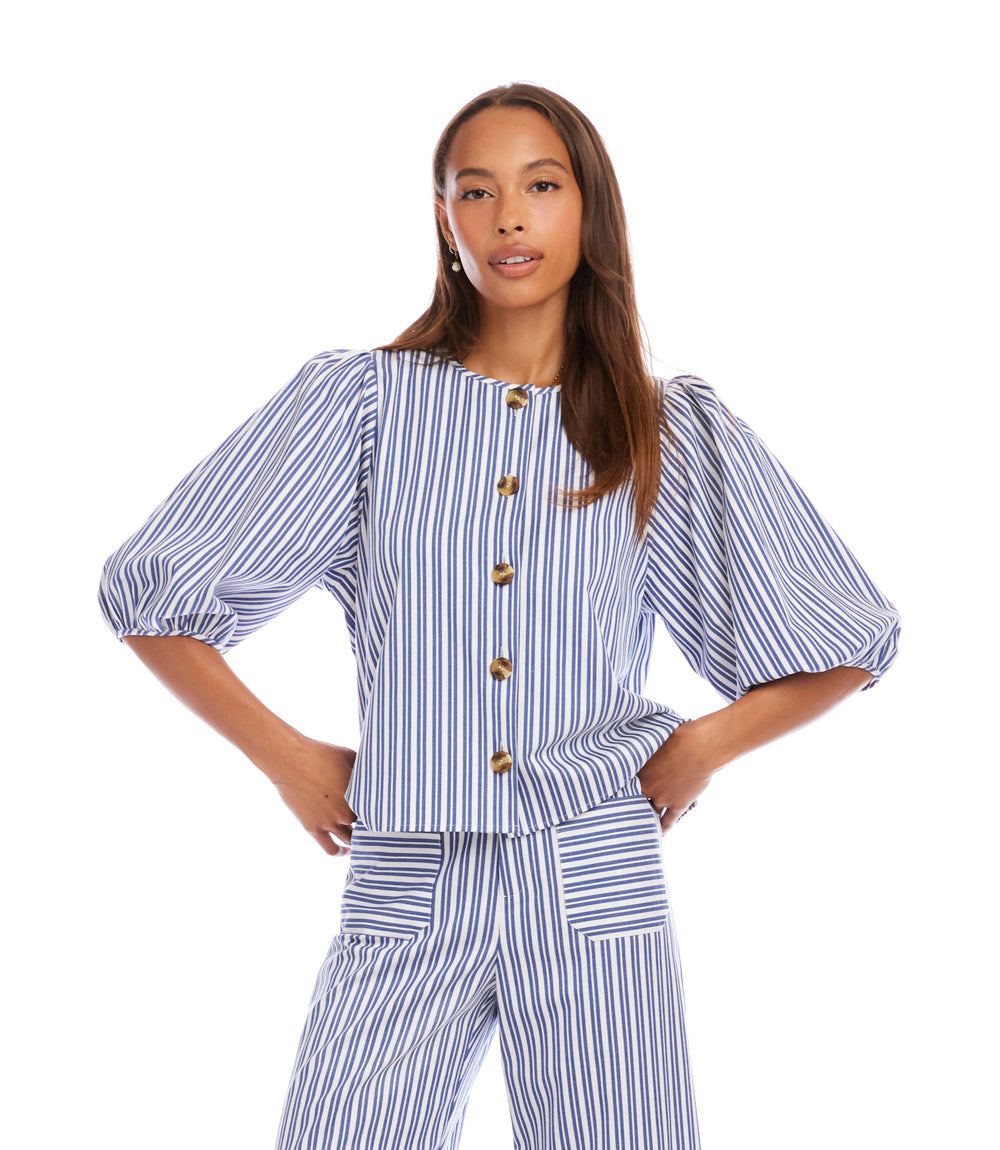 Stripe Puff Sleeve Button Front Top - Image 9